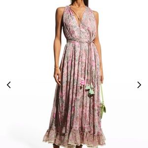 NWT Hemant & Nandita pink crinkle chiffon maxi dress w/ belt